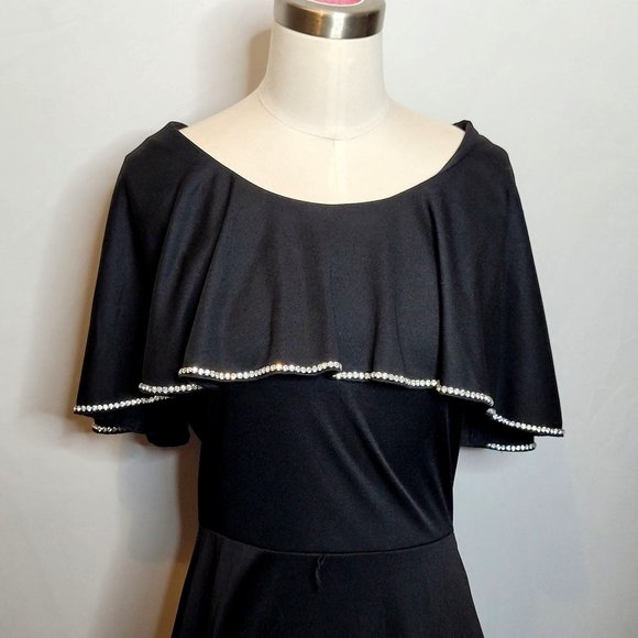 Retro 70s 80s Capelet Evening Gown Formal Black Rhinestone Trim Strait Lane Sm - Picture 2 of 10